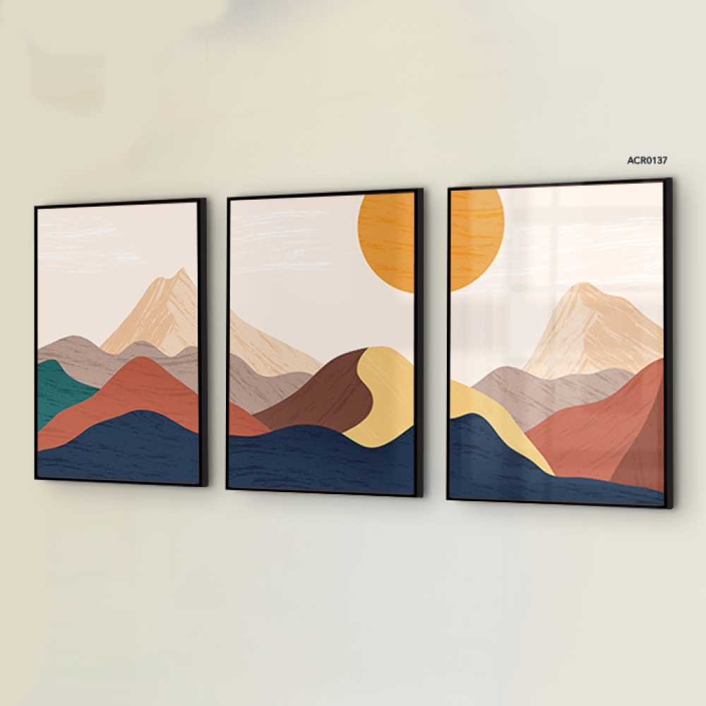 مجموعه من 3 لوحات جدارية اكريليك بتصميم جبال وشمس