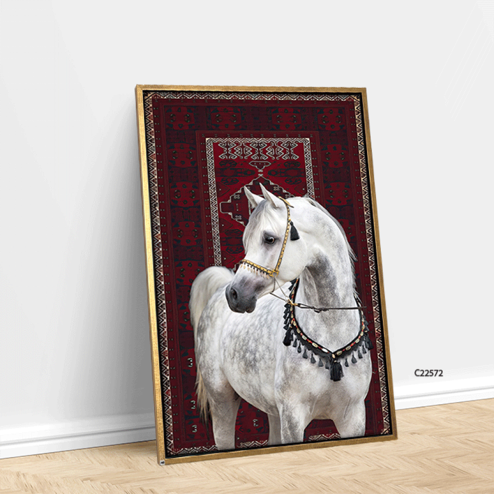 لوحة جدارية كانفس خيل عربي ابيض خلفية سجاد