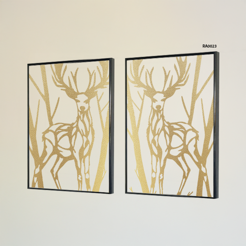 لوحات جدارية الاكريليك غزالان متقابلان وخلفية من الاغصان المفرغة