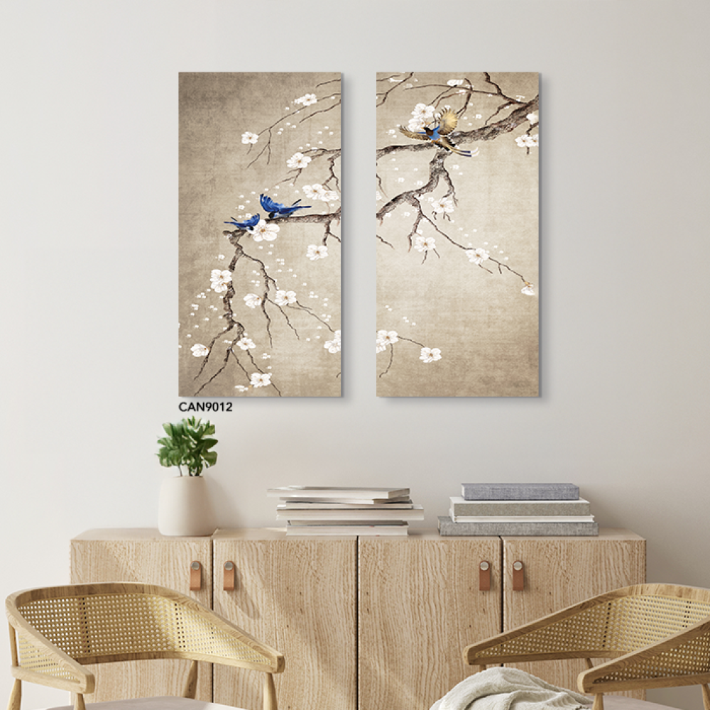 لوحة جدارية كانفس مقسمة ورد وطيور وأغصان درجات البني والبيج مع الأزرق
