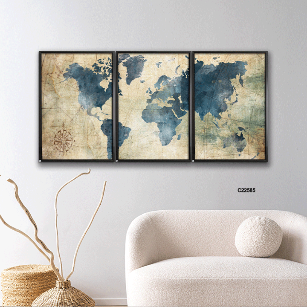 لوحة جدارية كانفس تجسد خريطة العالم بتدرجات البني والبيج والازرق