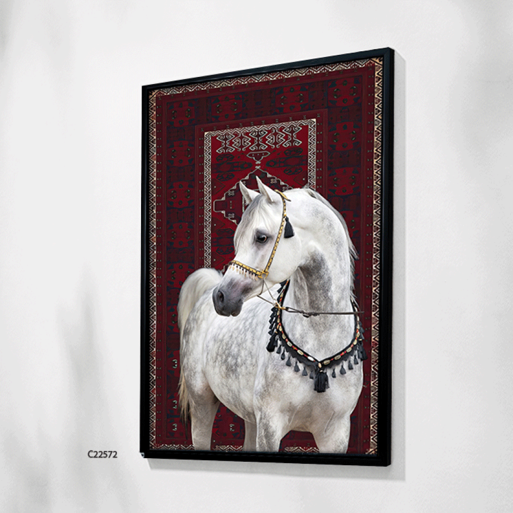 لوحة جدارية كانفس خيل عربي ابيض خلفية سجاد