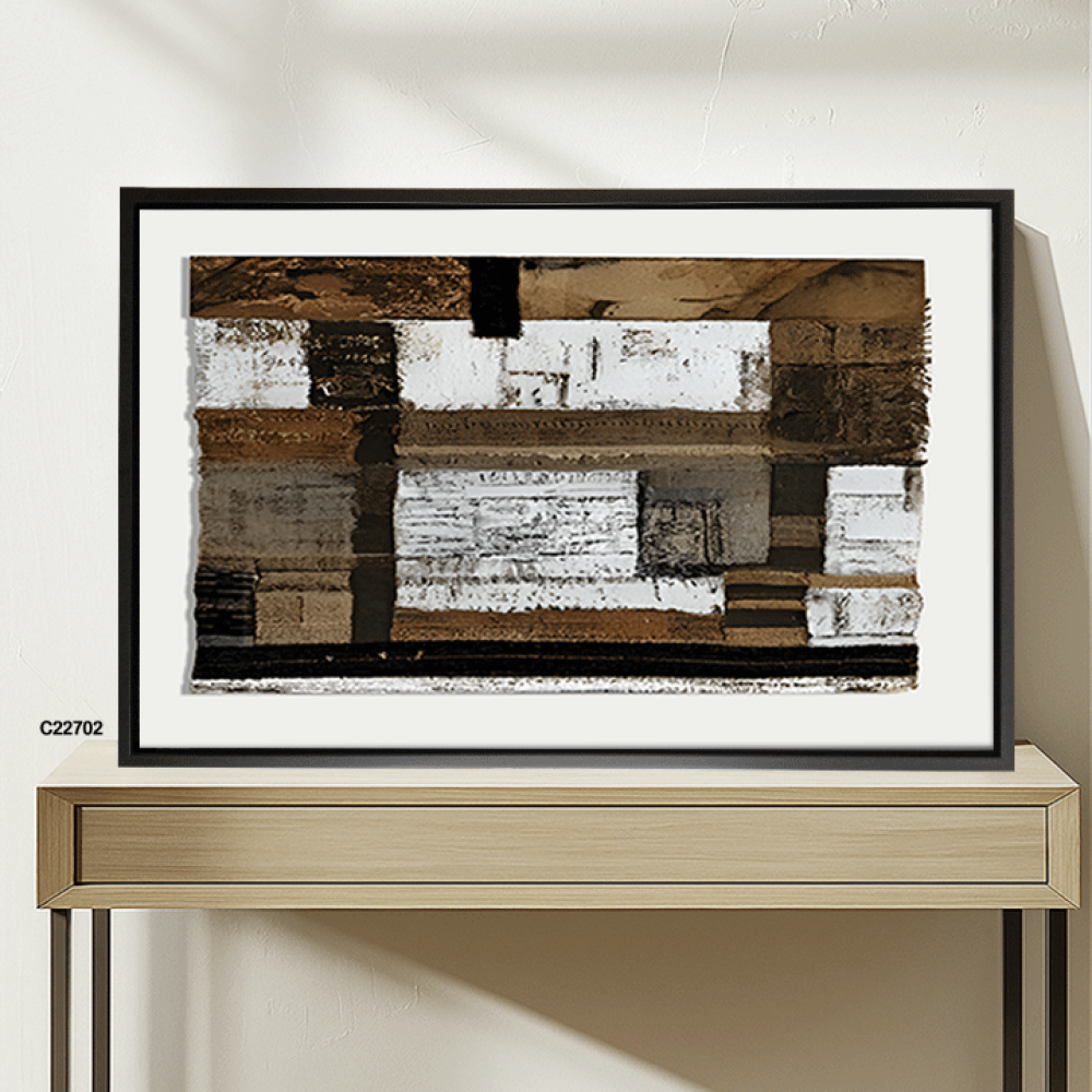 لوحة جدارية كانفس بتصميم تجريدي لاشكال مستطيلة وافقية متداخلة ، بتدرجات البني والابيض والبيج