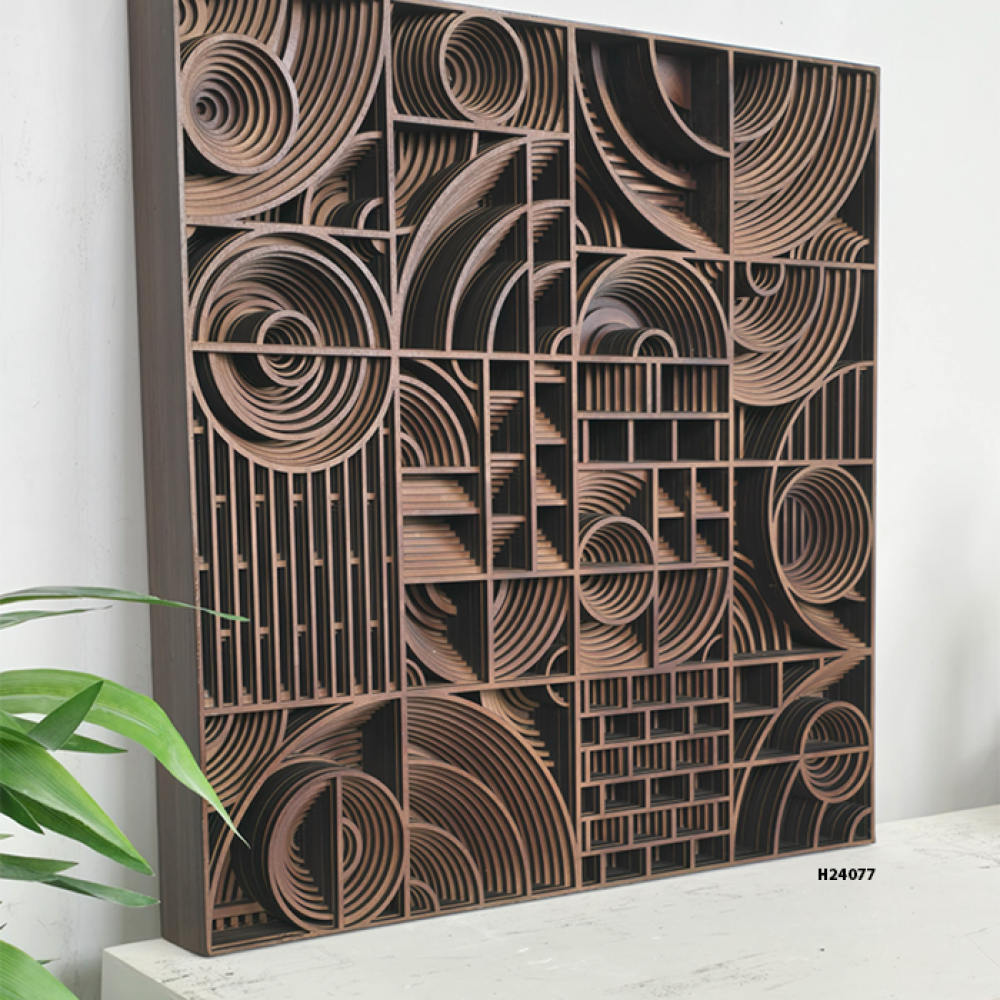 لوحة جدارية خشبية هندسية فاخرة بتصميم طبقات 3D (بني داكن)