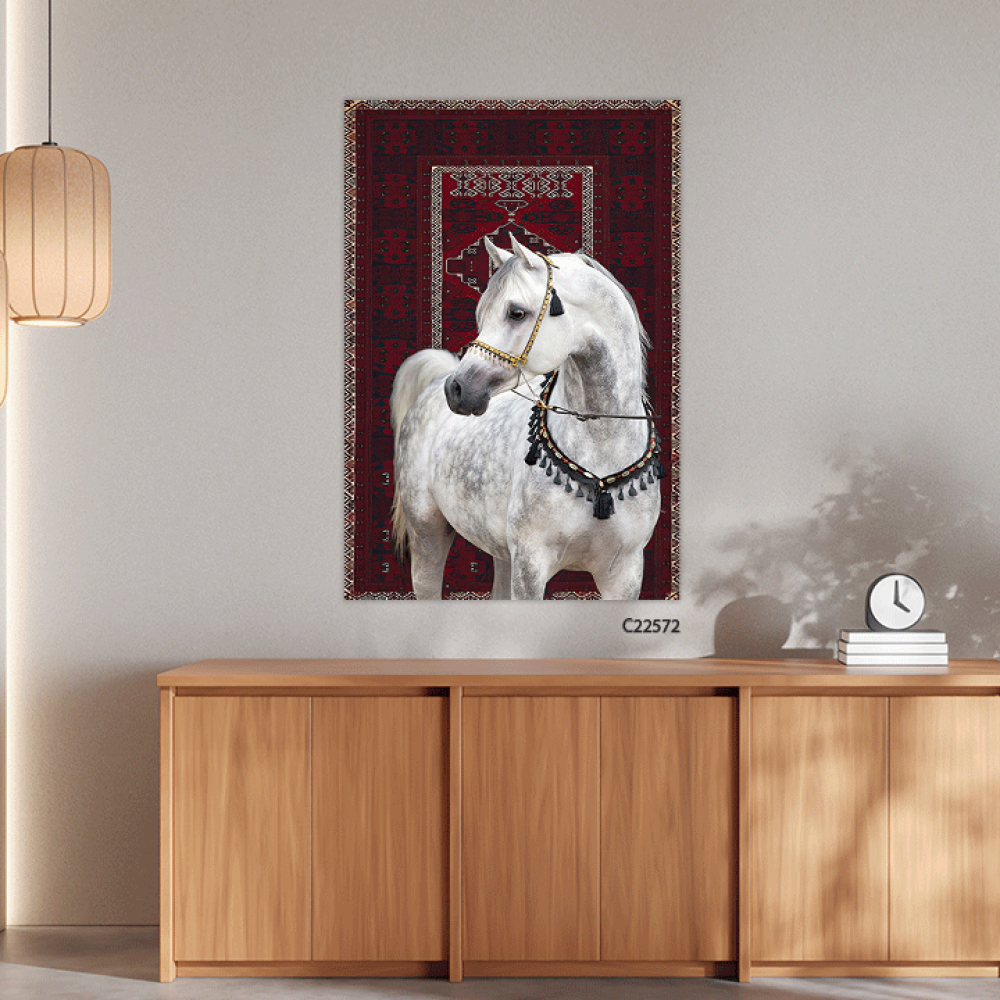 لوحة جدارية كانفس خيل عربي ابيض خلفية سجاد