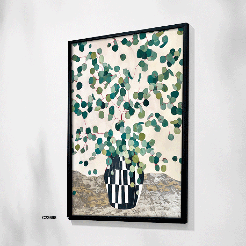 لوحة جدارية كانفس تصور مزهرية مزخرفة تتوسطها اغصان متفرعة