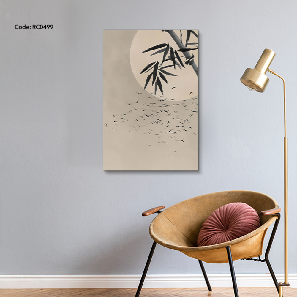 لوحة جدارية بتصميم يصور غصن خيزران وخلفية قمرية