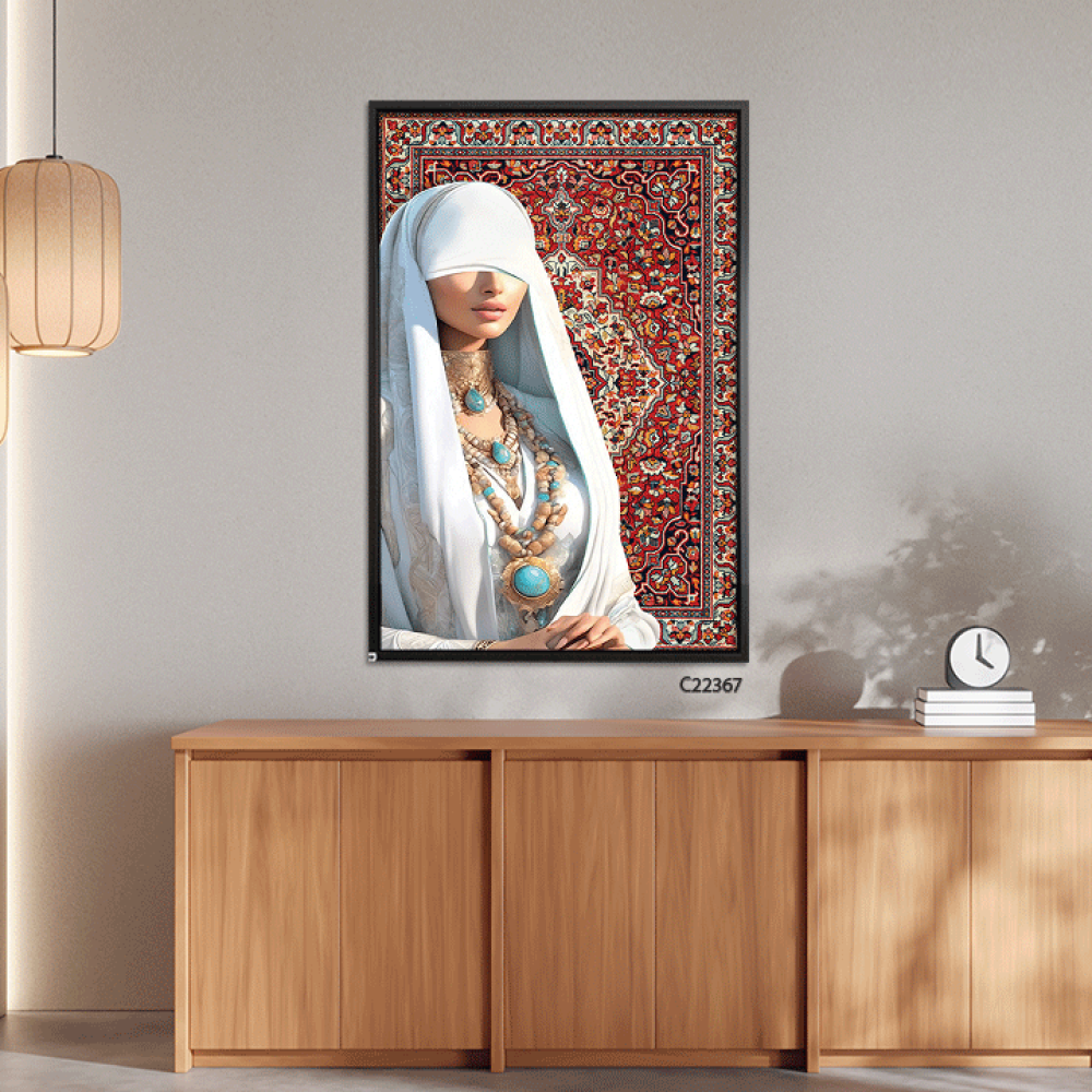 لوحة جدارية كانفس فتاة عربية بخلفية نقوش سجاد بتدرجات الاحمر