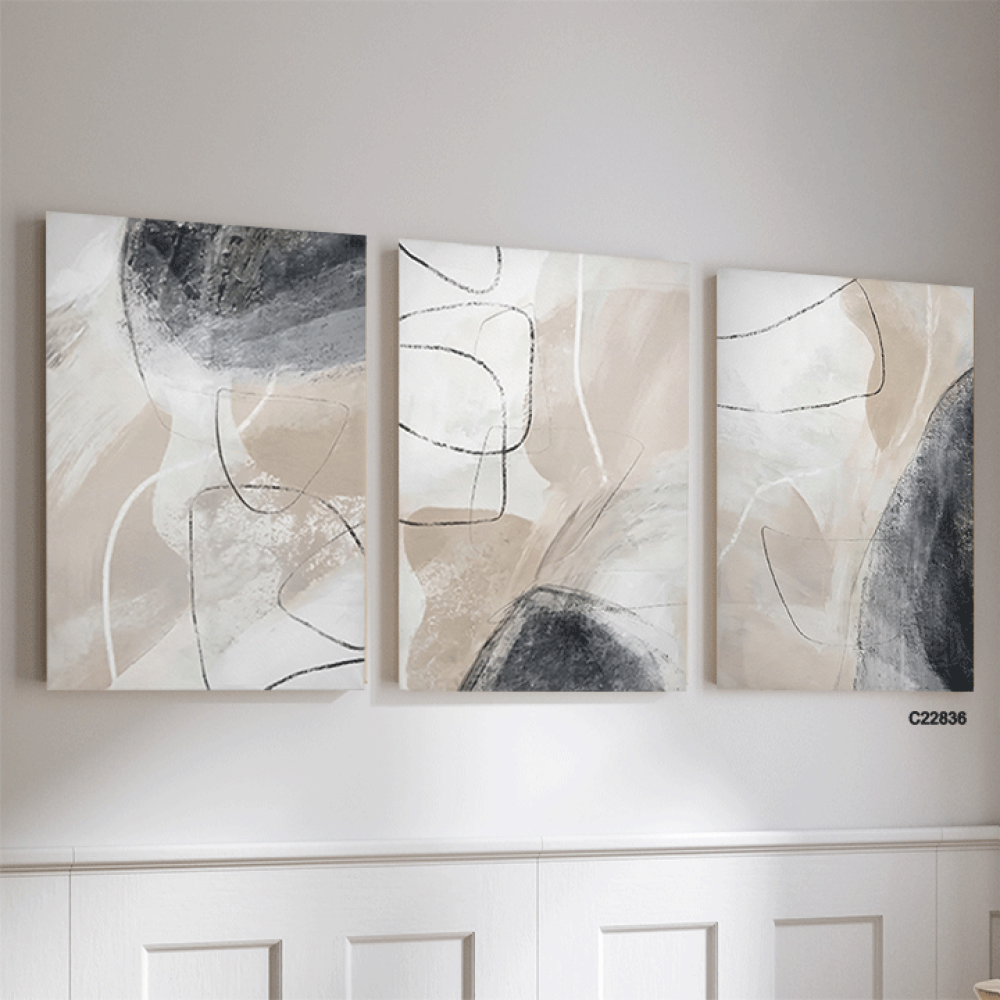 طقم لوحات جدارية كانفس تجريدي 3 قطع بيج ورمادي