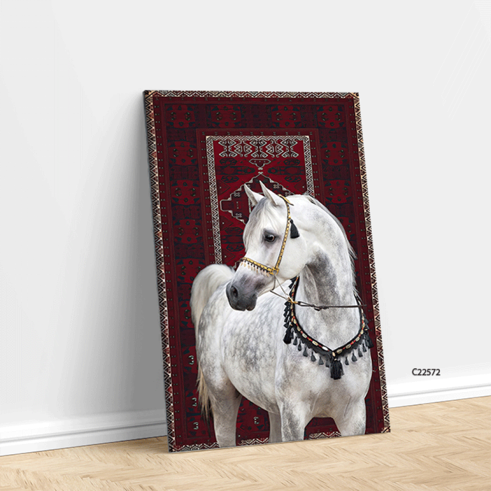 لوحة جدارية كانفس خيل عربي ابيض خلفية سجاد